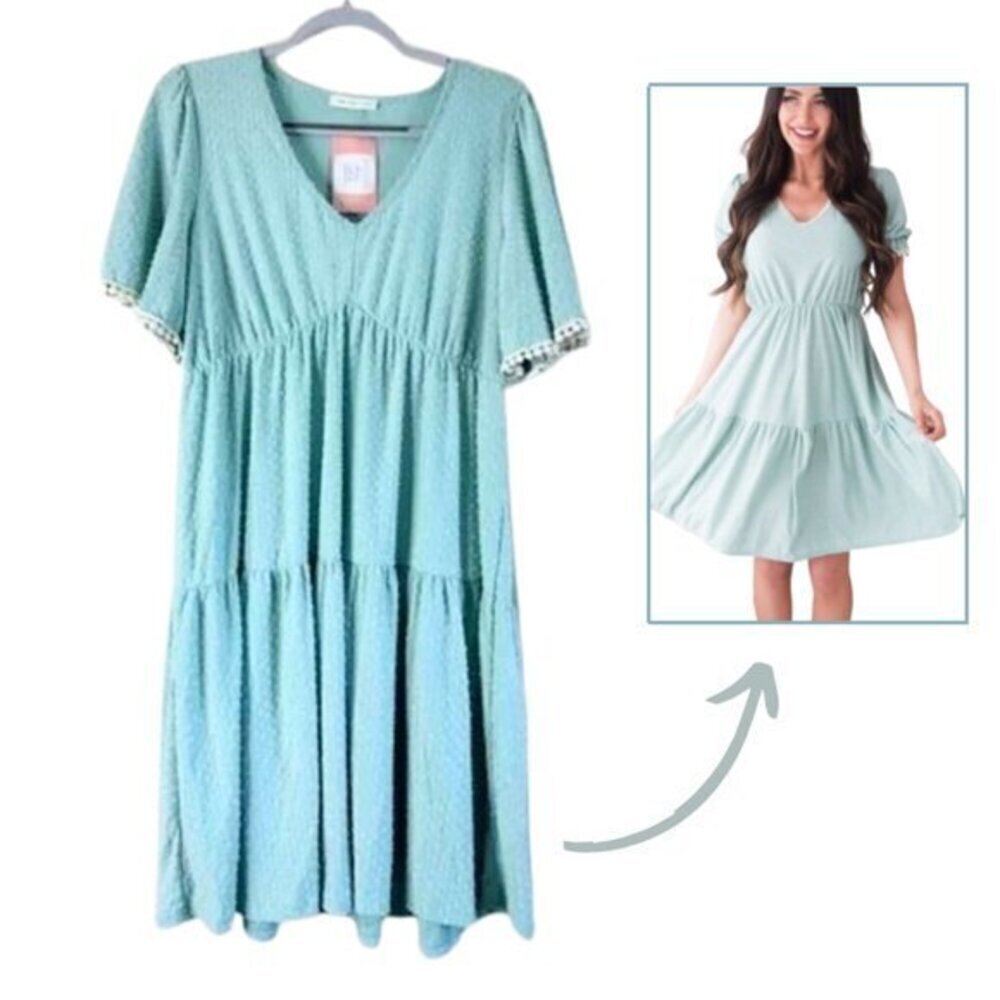 Mint Blue Reborn J dress Women Size Large V Neck Pleated Flowy - Picture 3 of 13
